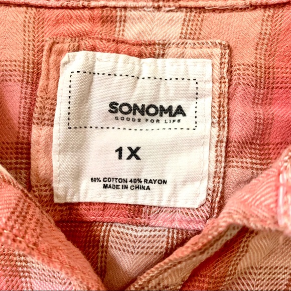 Sonoma Plaid Shirt/Blouse Peach-Orange/White 1X - Picture 3 of 8